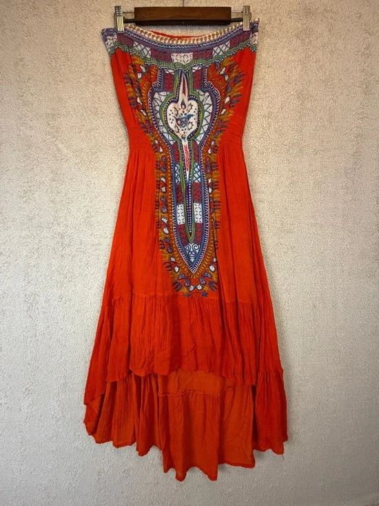World Market Boho Strapless Flowy Tiered Maxi Dress Orange L/XL - Picture 2 of 8